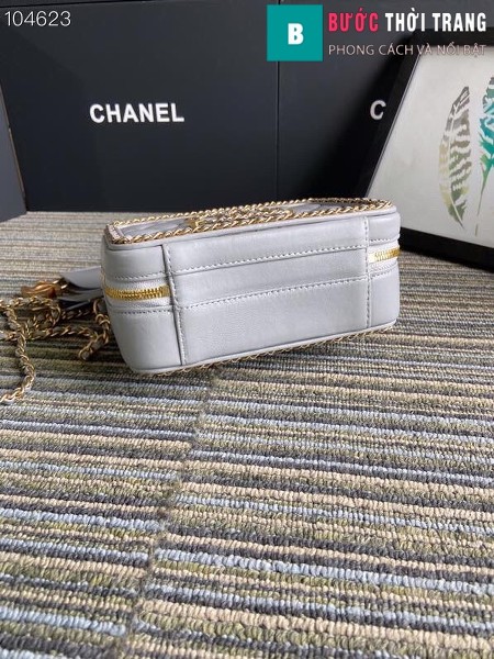 Túi xách Chanel Vanity case bag siêu cấp viền xích màu trắng xanh size 18 cm