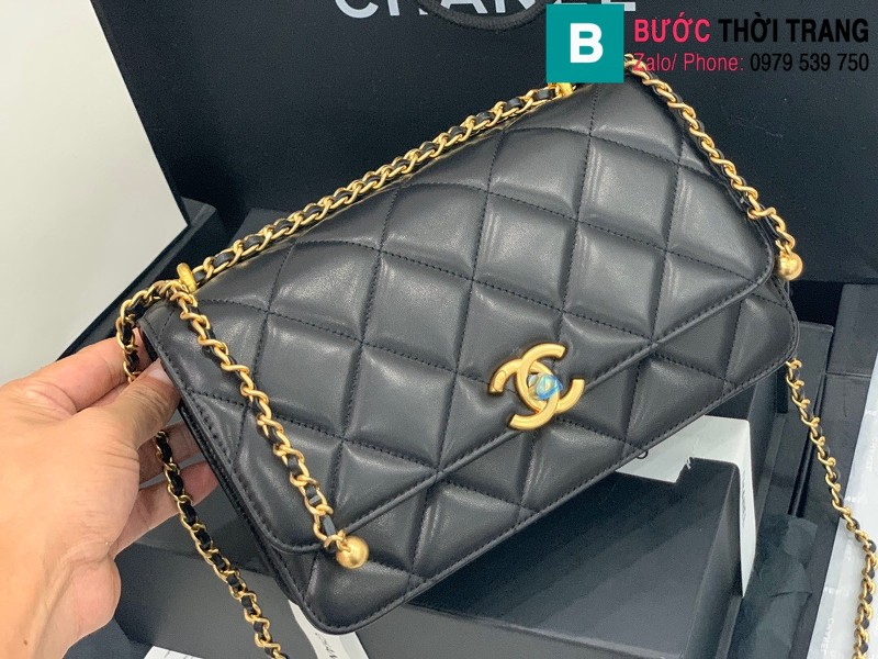 Túi xách Chanel Lambskin Classic Flap Bag siêu cấp da cừu màu đen size 23cm - AS9916