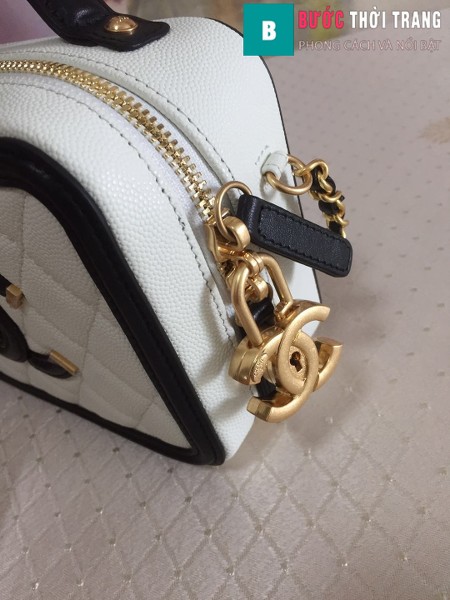 Túi xách Chanel Vanity case bag siêu cấp màu trắng viền đen size 17 cm - 93314