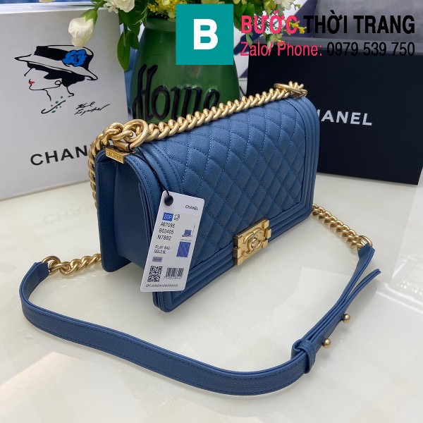 Túi xách Chanel Boy siêu cấp ô trám da bê màu xanh ya size 25cm - 67086