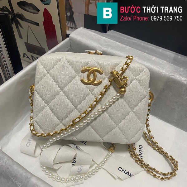 Túi đeo chéo Chanel siêu cấp da bê màu trắng size 18cm - AS2854 