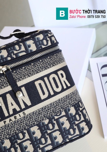 Túi xách DiorTravel Vanity Case siêu cấp vải casvan màu xanh xám size 24cm