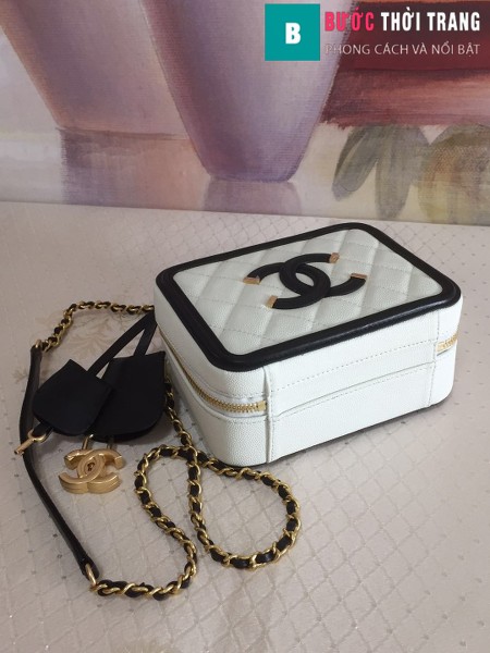 Túi xách Chanel Vanity case bag siêu cấp màu trắng viền đen size 17 cm - 93314