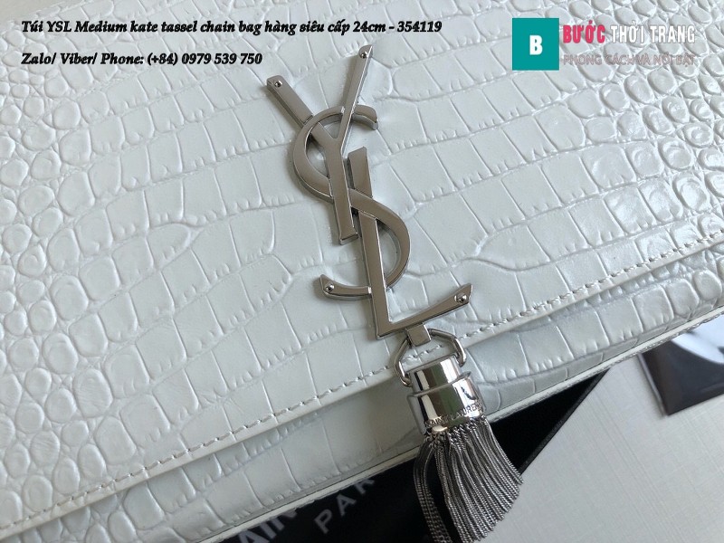 Túi YSL Medium kate tassel chain màu trắng tag bạc dập vân cá sấu 24cm - 354119