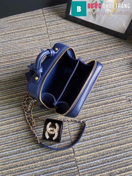 Túi xách Chanel Vanity case bag siêu cấp viền xích màu xanh size 18 cm