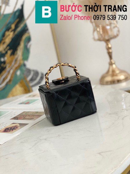 Túi đựng mĩ phẩm Chanel mini hình hộp siêu cấp da bê màu đen size 11cm- 02863