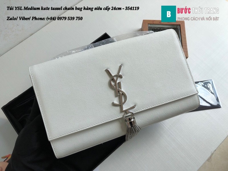 Túi YSL Medium kate tassel chain màu trắng tag bạc sấu 24cm - 354119