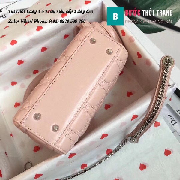 Túi Dior Lady 3 ô 17cm siêu cấp màu hồng da cừu lambskin - M44550