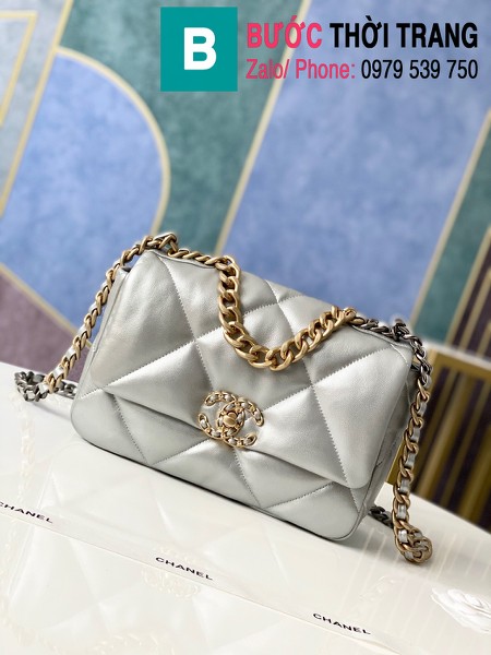 Túi xách Chanel 19 flap bag siêu cấp da bê màu bạc size 26 cm - 1160 
