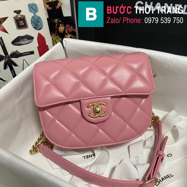 Túi xách Chanel Mini Messenger bag siêu cấp da bê màu hồng size 15cm - AS2484
