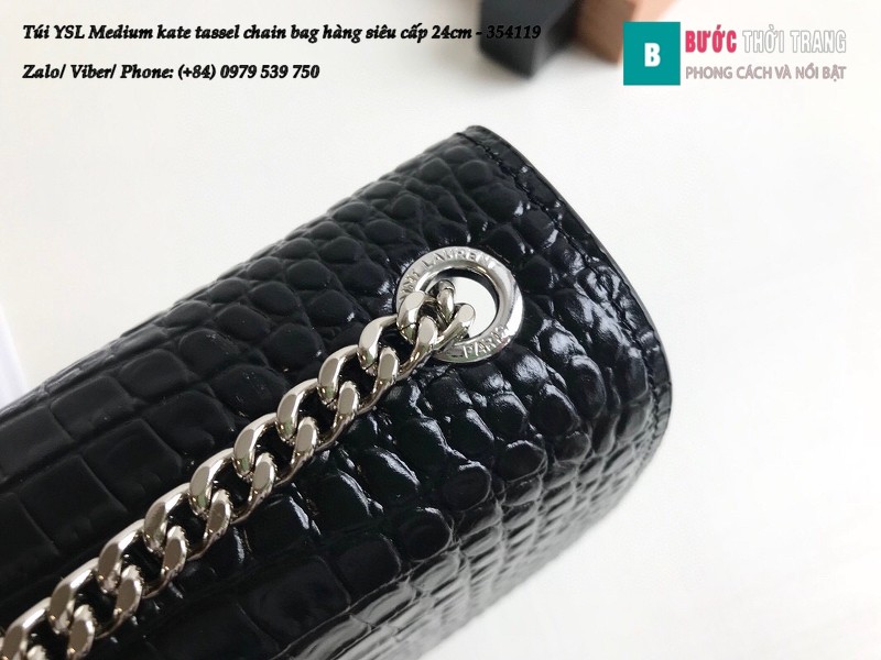 Túi YSL Medium kate tassel chain màu đen tag bạc dập vân cá sấu 24cm - 354119
