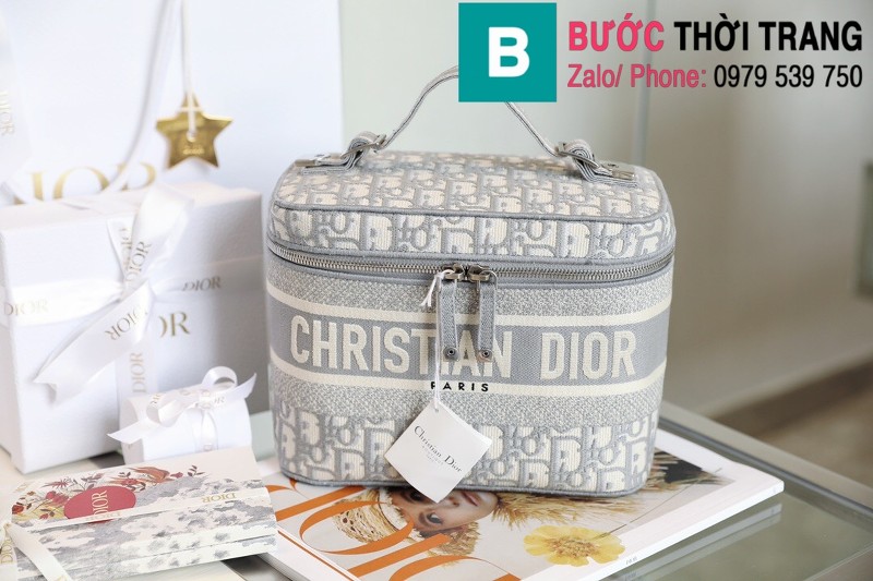 Túi xách DiorTravel Vanity Case siêu cấp vải casvan màu xám size 24cm - M9039