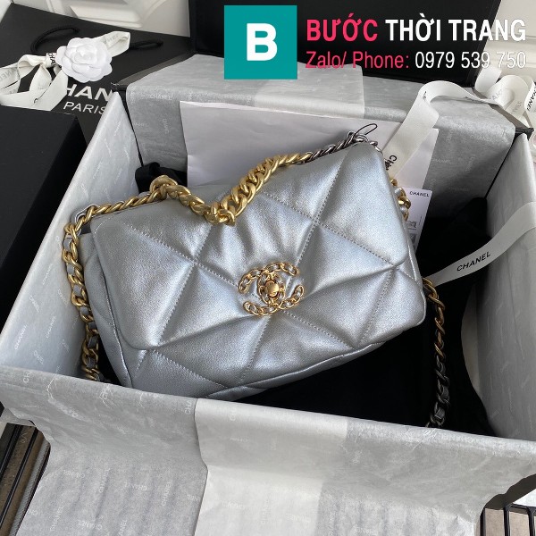 Túi xách Chanel 19 Flap Bag siêu cấp da bê màu bạc size 26 cm - 1160