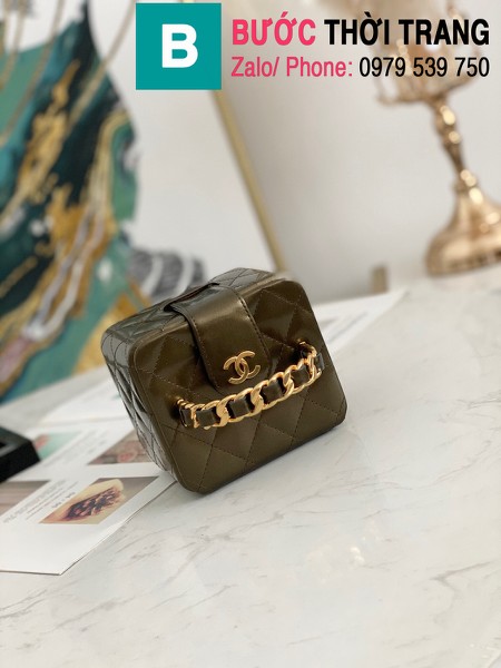 Túi đựng mĩ phẩm Chanel mini hình hộp siêu cấp da bê màu nâu size 11cm- 02863