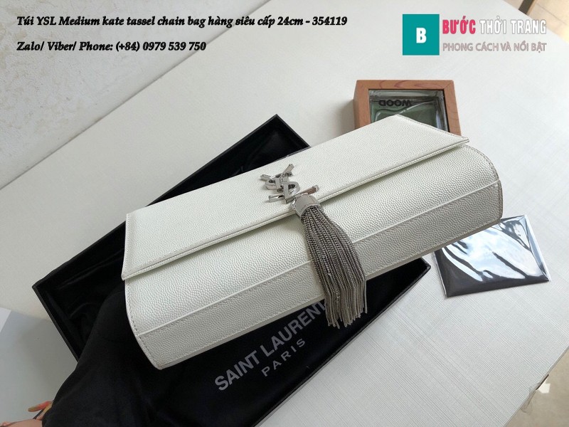 Túi YSL Medium kate tassel chain màu trắng tag bạc sấu 24cm - 354119