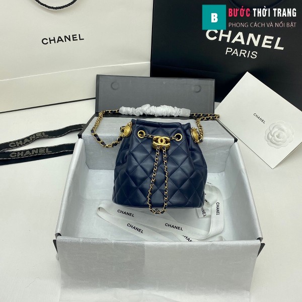 Túi xách Chanel Drawstring Bag siêu cấp màu xanh tím than size 20 cm da cừu