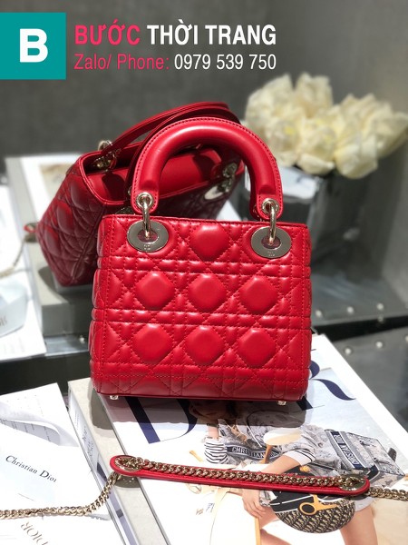 Túi xách Dior Lady 3 ô siêu cấp da bê màu đỏ size 17cm - 44531 