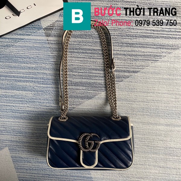 Túi xách Gucci Marmont matelasé mini bag siêu cấp màu xanh viền trắng size 22cm - 446744