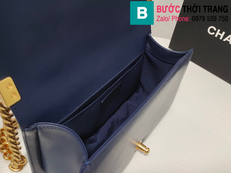Túi xách Chanel Leboy viền xích siêu cấp da bê màu xanh tím than size 25cm - AS67086