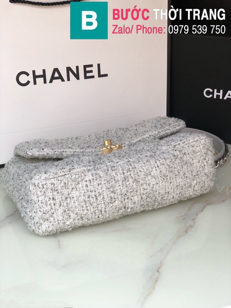 Túi xách Chanel 19bag siêu cấp vải casvan màu trắng size 26cm - AS1160