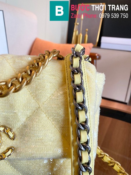 Túi xách Chanel 19 flap bag siêu cấp vải tweed màu vàng size 26cm - 1160