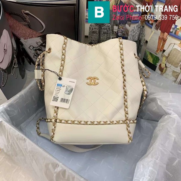 Túi xách Chanel bucket bag siêu cấp da bê màu trắng size 20cm - AS2738 