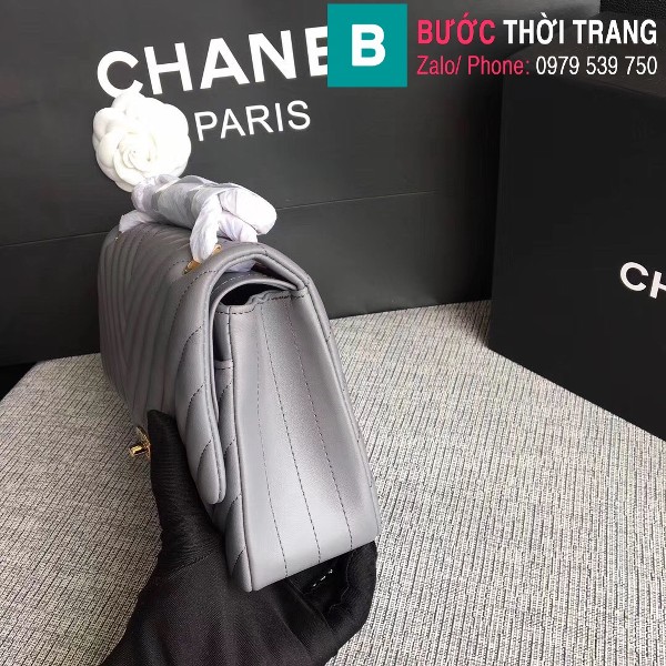 Túi xách Chanel Classic hand bag siêu cấp da cừu vân v màu xám size 25cm - 1112 