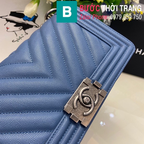 Túi xách Chanel Boy siêu cấp vân v da bê màu xanh ya size 25cm - 67086 