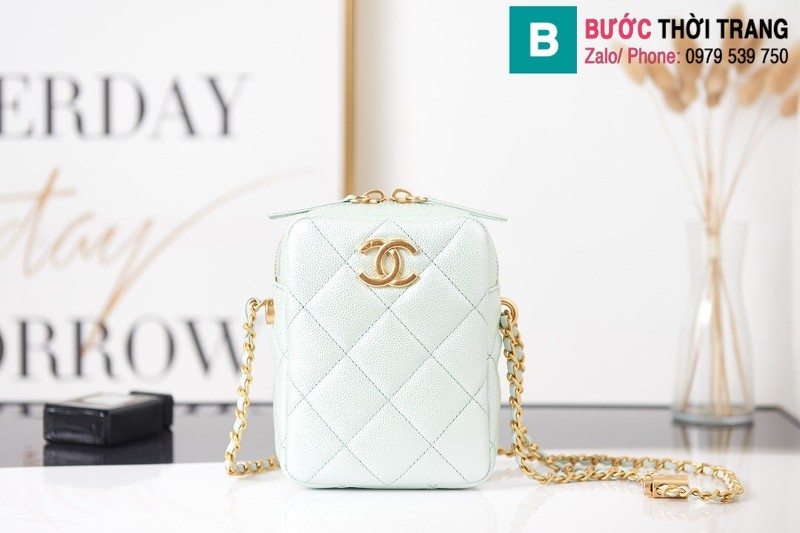 Túi xách Chanel Mini Camara Case siêu cấp da bê màu trắng xanh size 12cm - AS2857 