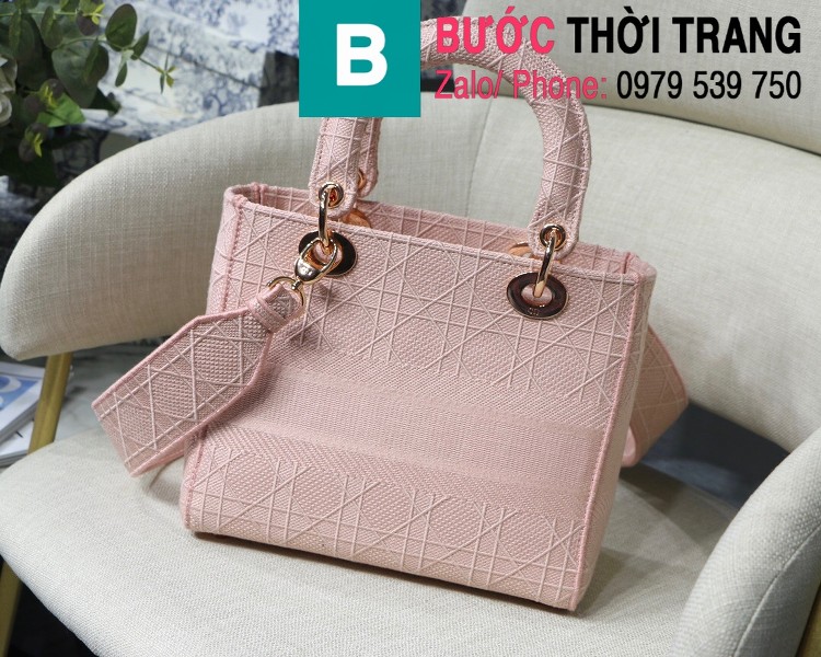 Túi xách Dior Lady vải 5 ô siêu cấp màu hồng nhạt size 24cm 