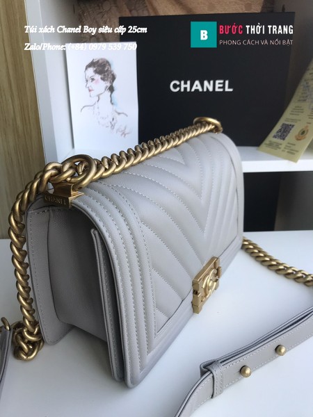 Túi Xách Chanel Boy Siêu Cấp Vân V màu xanh xám