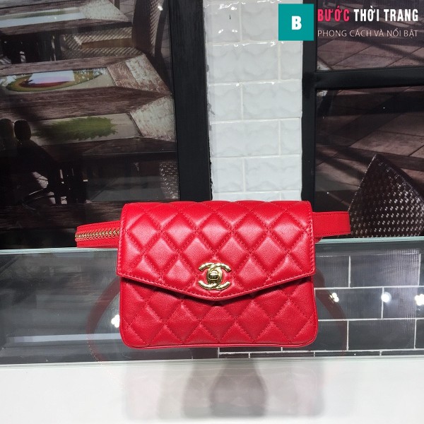 Túi xách đeo bụng Chanel siêu cấp màu đỏ da bê size 17cm