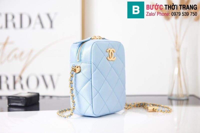 Túi xách Chanel Mini Camara Case siêu cấp da bê màu xanh size 12cm - AS2857