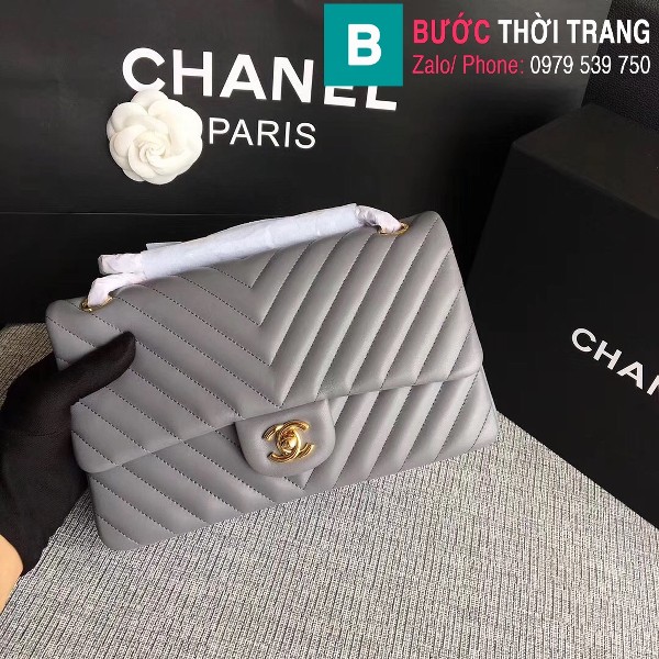 Túi xách Chanel Classic hand bag siêu cấp da cừu vân v màu xám size 25cm - 1112 