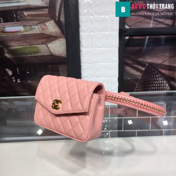 Túi xách đeo bụng Chanel siêu cấp màu hồng da bê size 17cm