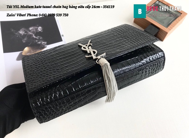 Túi YSL Medium kate tassel chain màu đen tag bạc dập vân cá sấu 24cm - 354119