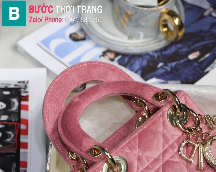 Túi xách Dior Lady Mini bag siêu cấp vải canvas màu hồng size 17 cm 