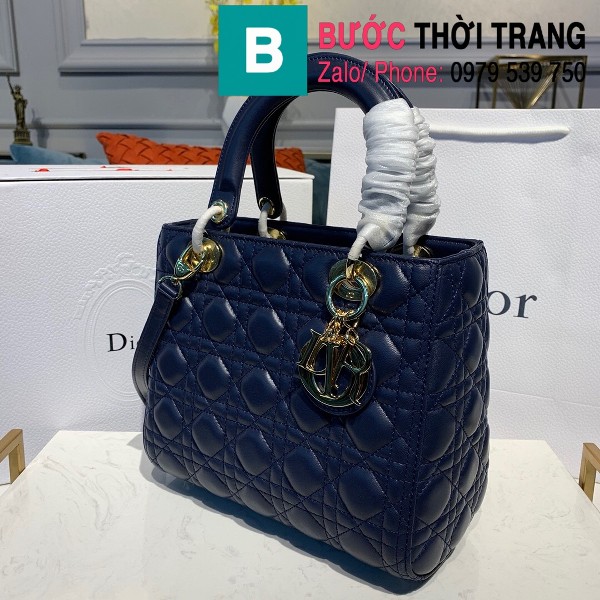 Túi xách Dior Lady 5 ô siêu cấp da cừu lambskin màu xanh đen size 24cm