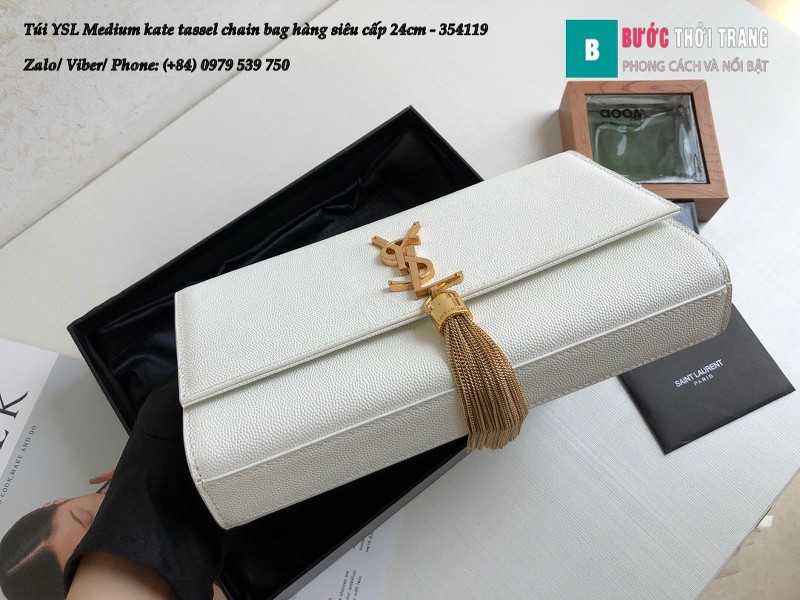 Túi YSL Medium kate tassel chain màu trắng tag vàng size 24cm - 354119 