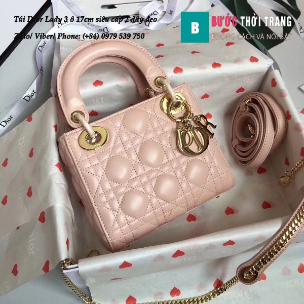 Túi Dior Lady 3 ô 17cm siêu cấp màu hồng da cừu lambskin - M44550