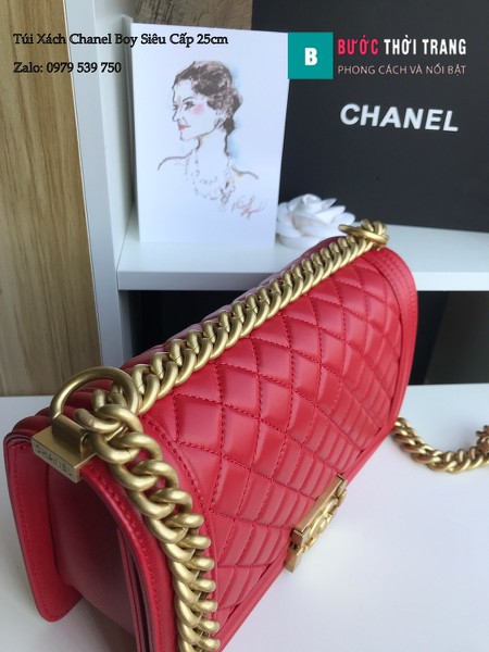 Túi Xách Chanel Boy Siêu Cấp ô trám màu đỏ đậm 25cm - A67086