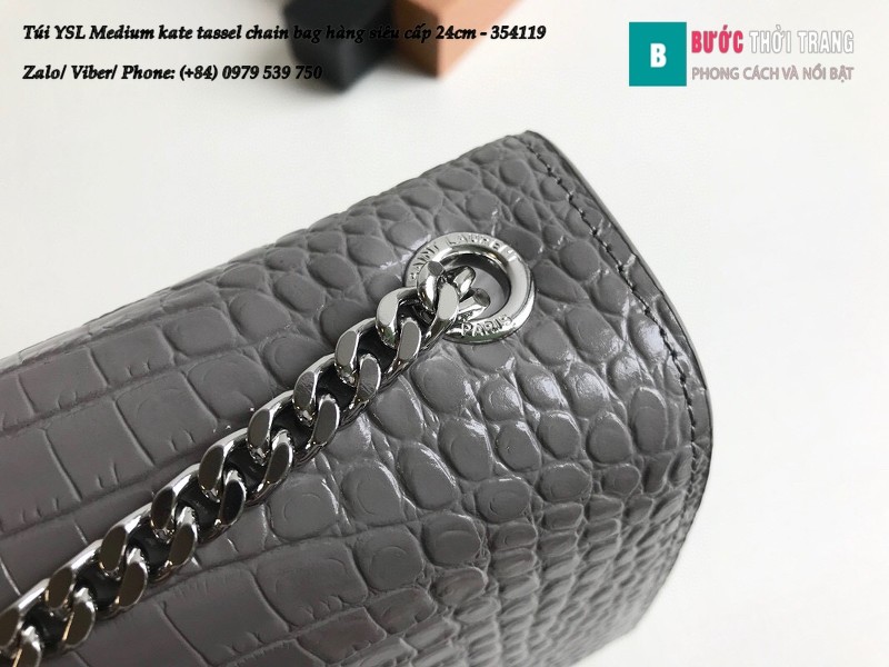 Túi YSL Medium kate tassel chain màu ghi tag bạc dập vân cá sấu 24cm - 354119
