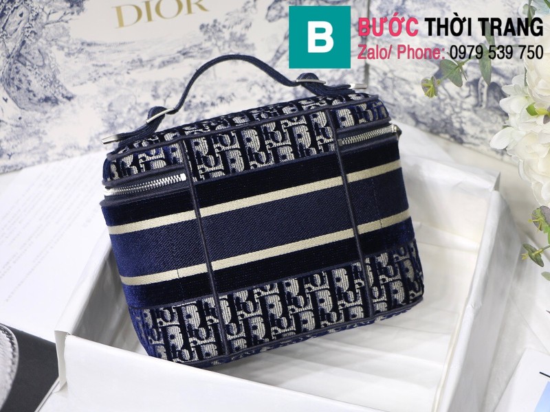 Túi xách DiorTravel Vanity Case siêu cấp vải casvan màu xanh size 24cm - M9039