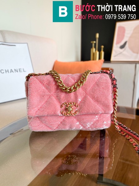 Túi xách Chanel 19 flap bag siêu cấp vải tweed màu hồng size 26cm - 1160 