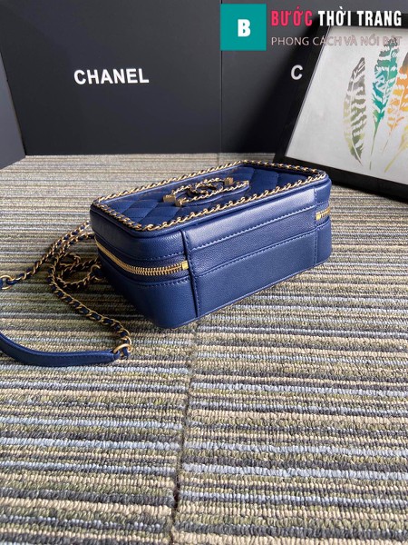 Túi xách Chanel Vanity case bag siêu cấp viền xích màu xanh size 18 cm