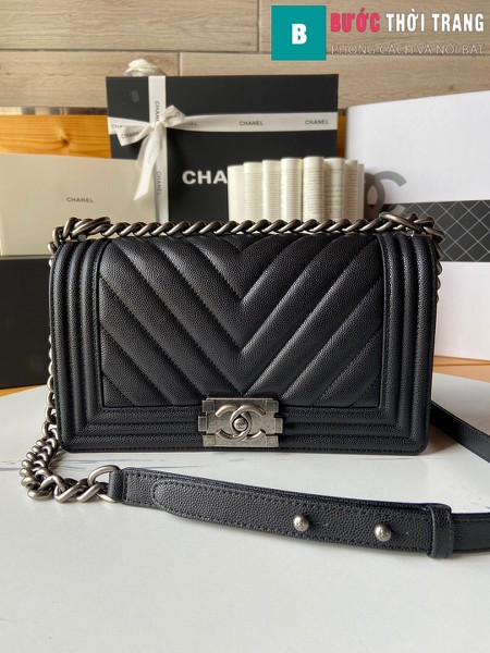 Túi xách Chanel boy siêu cấp màu đen vân v size 25 cm - A67086