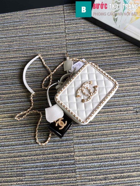 Túi xách Chanel Vanity case bag siêu cấp viền xích màu trắng size 18 cm