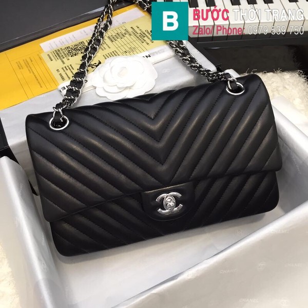Túi xách Chanel Classic hand bag siêu cấp da cừu vân v màu đen size 25cm - 1112