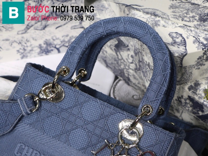 Túi xách Dior Lady D-Lite siêu cấp vải casvan màu xanh đậm size 24cm 