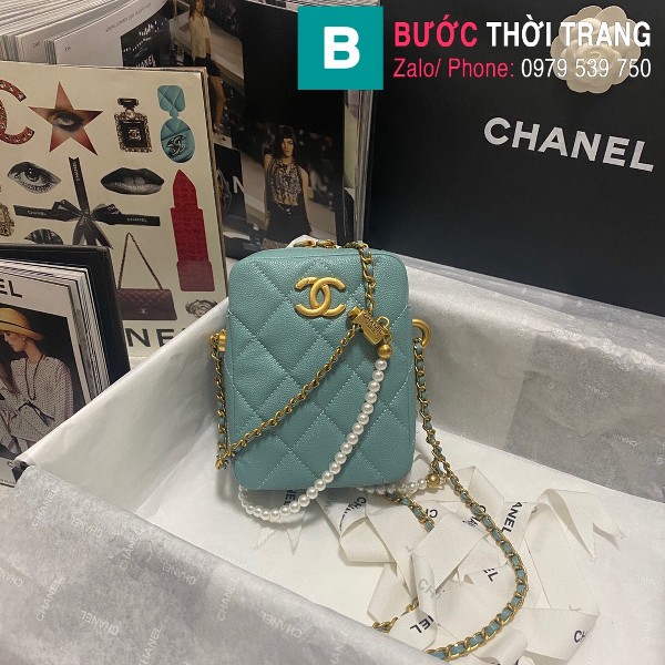 Túi đeo chéo Chanel mini siêu cấp da bê màu xanh size 11cm - AS2853